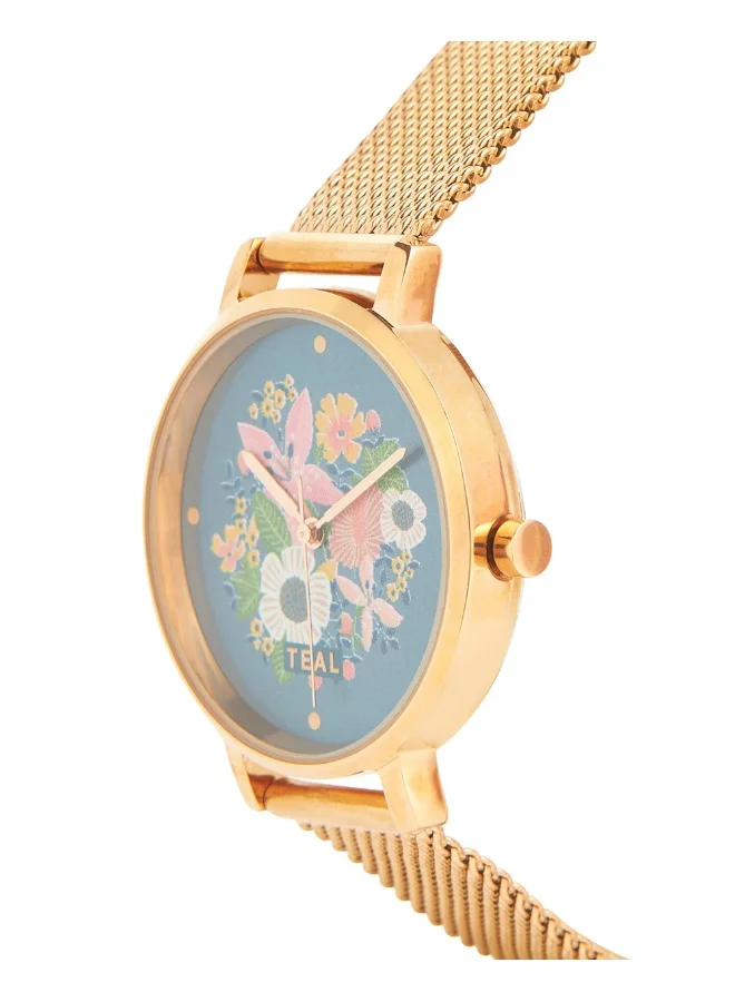 Chumbak Wildflower Watch Metal, Mesh Strap - Rose Gold