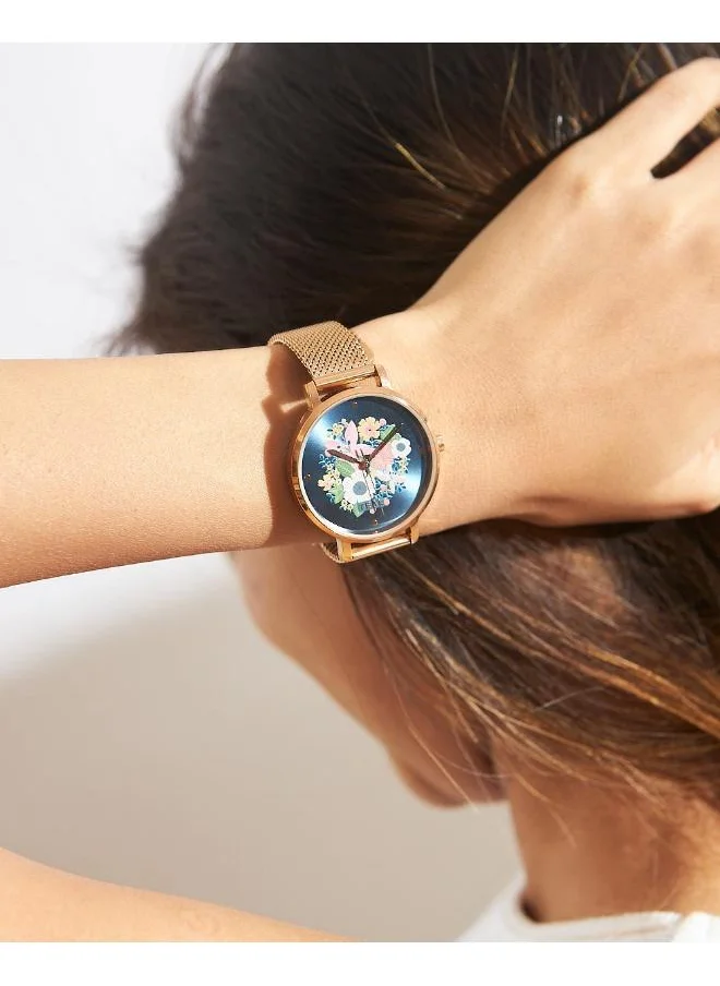 Chumbak Wildflower Watch Metal, Mesh Strap - Rose Gold