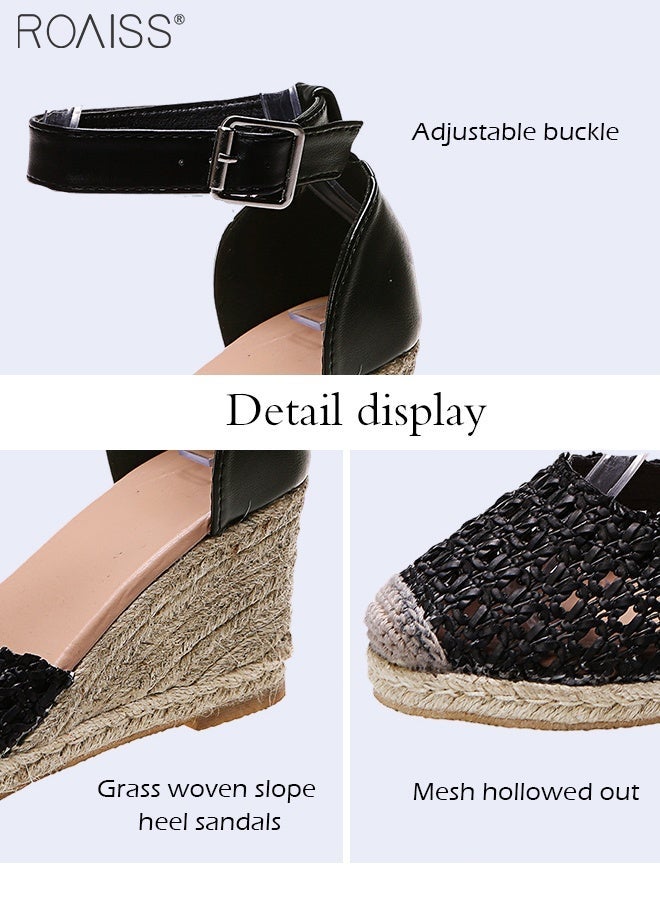 رويس صندل أنيق من القش للنساء بنعل إسفيني، تصميم مفتوح من الأمام لتهوية القدم، إبزيم قابل للتعديل لملاءمة مثالية، مثالي للتنقلات اليومية، والإجازات، وارتداء ملابس الصيف، مريح وأنيق - Image 5