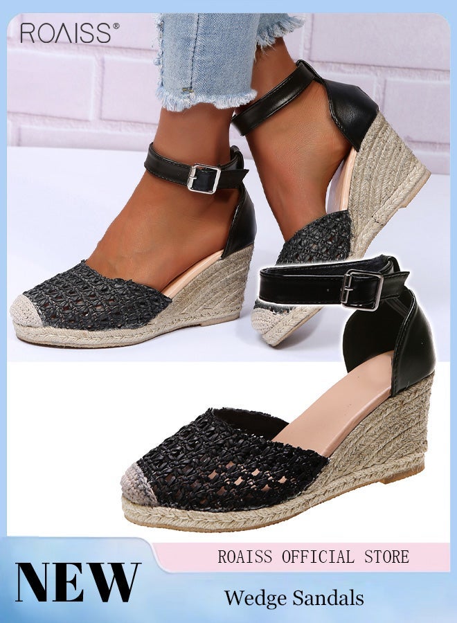 رويس صندل أنيق من القش للنساء بنعل إسفيني، تصميم مفتوح من الأمام لتهوية القدم، إبزيم قابل للتعديل لملاءمة مثالية، مثالي للتنقلات اليومية، والإجازات، وارتداء ملابس الصيف، مريح وأنيق - Image 1