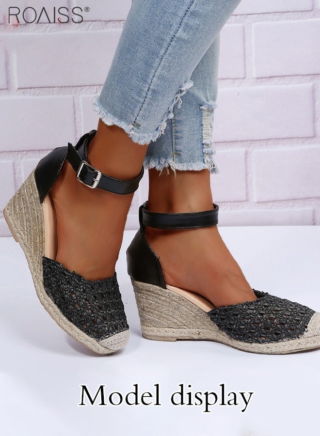 رويس صندل أنيق من القش للنساء بنعل إسفيني، تصميم مفتوح من الأمام لتهوية القدم، إبزيم قابل للتعديل لملاءمة مثالية، مثالي للتنقلات اليومية، والإجازات، وارتداء ملابس الصيف، مريح وأنيق - Image 2