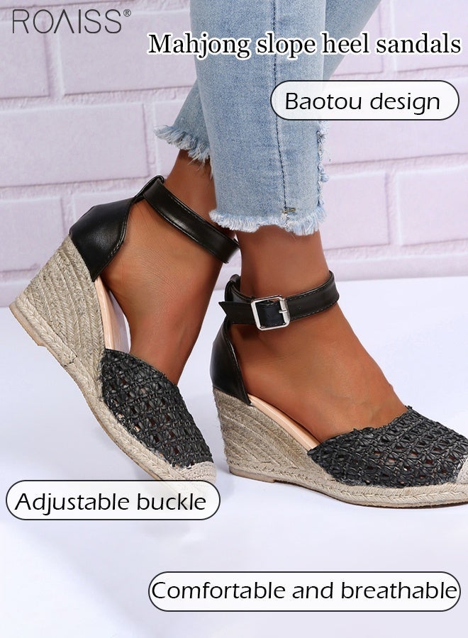 رويس صندل أنيق من القش للنساء بنعل إسفيني، تصميم مفتوح من الأمام لتهوية القدم، إبزيم قابل للتعديل لملاءمة مثالية، مثالي للتنقلات اليومية، والإجازات، وارتداء ملابس الصيف، مريح وأنيق - Image 4