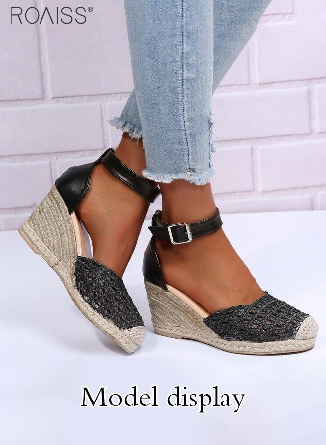 رويس صندل أنيق من القش للنساء بنعل إسفيني، تصميم مفتوح من الأمام لتهوية القدم، إبزيم قابل للتعديل لملاءمة مثالية، مثالي للتنقلات اليومية، والإجازات، وارتداء ملابس الصيف، مريح وأنيق - Image 3