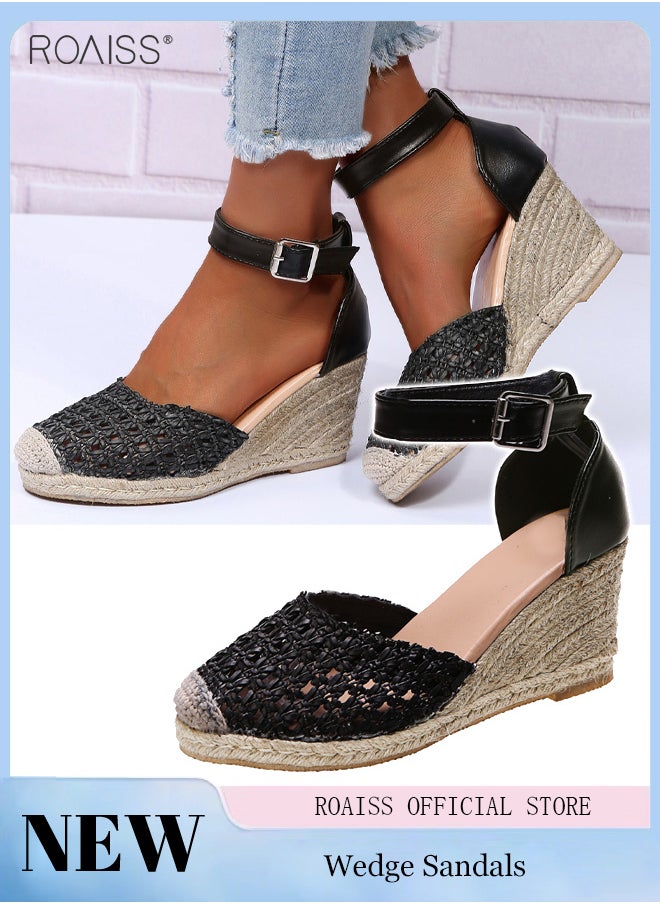 roaiss - Fashionable Straw Wedge Sandals Women'S Daily Commuting Vacation Bag Toe Hollow Design Adjustable Buckle Summer Sandals - Image 1