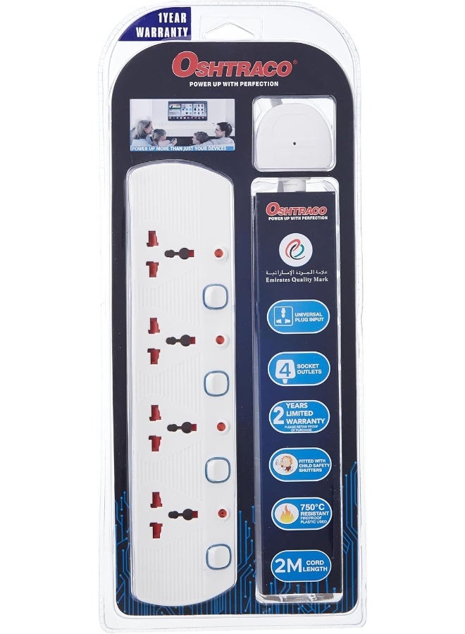 OSHTRACO مقبس تمديد عالمي 4-طرق من أوشتراكو مع سلك بطول 2 متر، متعدد الألوان - Image 1