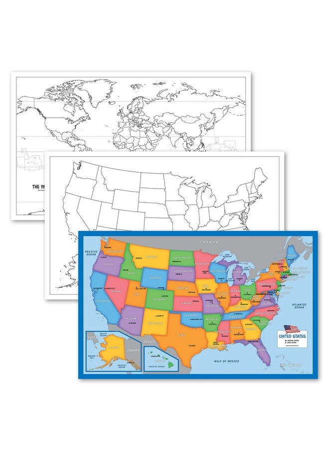 Palace Learning Palace Learning 3 Pack - USA & World Map Blank Outline Posters + Simplified USA Map for Kids [Blank] - LAMINATED, 18" x 29" (For Use With Wet Erase Markers)  - Image 1
