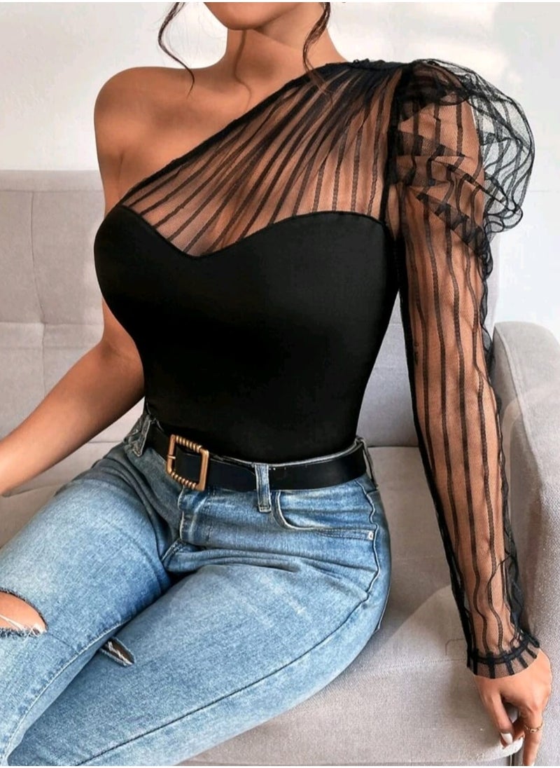 Shein - SHEIN Privé One Shoulder Contrast Mesh Gigot Sleeve Top - Image 1