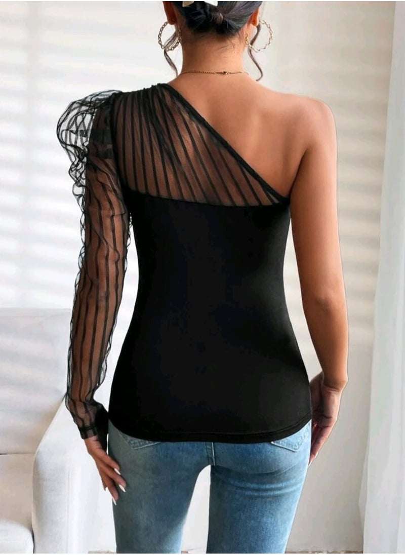 Shein - SHEIN Privé One Shoulder Contrast Mesh Gigot Sleeve Top - Image 1