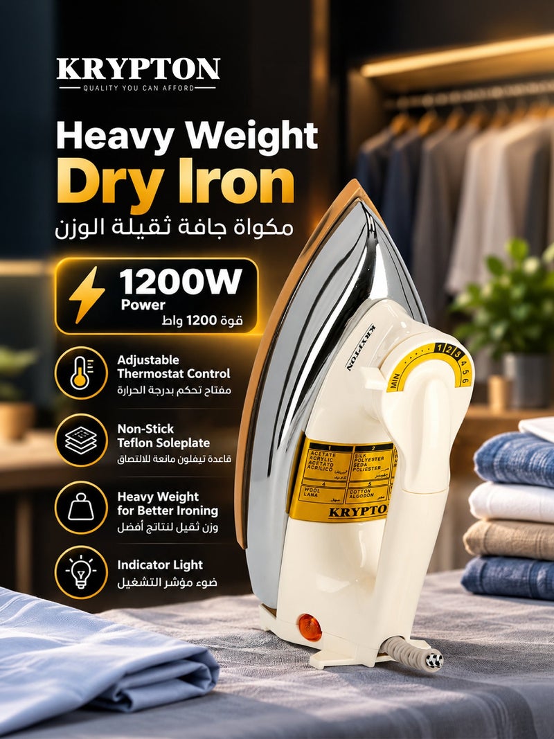 Krypton Heavy Duty Dry Iron, 1200W, Non-Stick Ceramic Coated Soleplate, Adjustable Temperature Control, Overheat Protection, Fast Heating, Comfortable Handle, Suitable for All Fabrics, 7-Year Warranty 2.1 kg 1200 W KNDI6032N-A White - Image 1