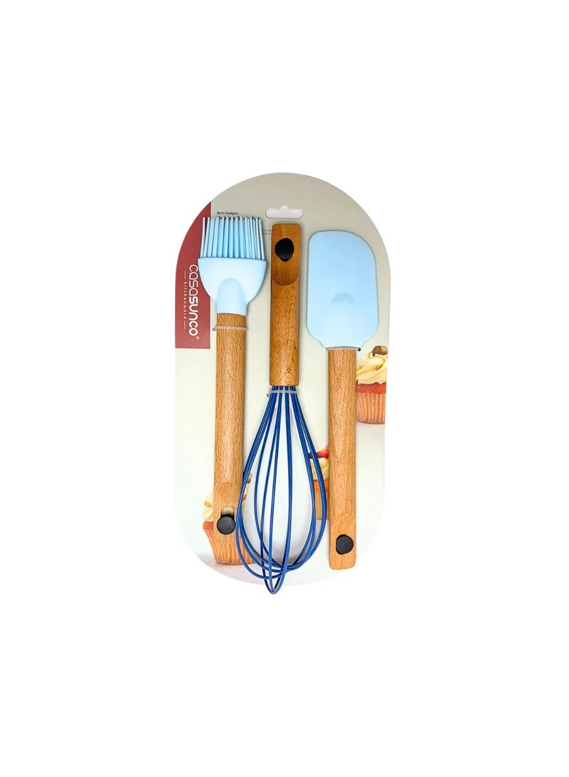 طقم طبخ سيليكون مكون من 3 قطع (ملعقة/مضرب بيض/فرشاة) بمقبض خشبي 26 سم (أزرق) - Image 1