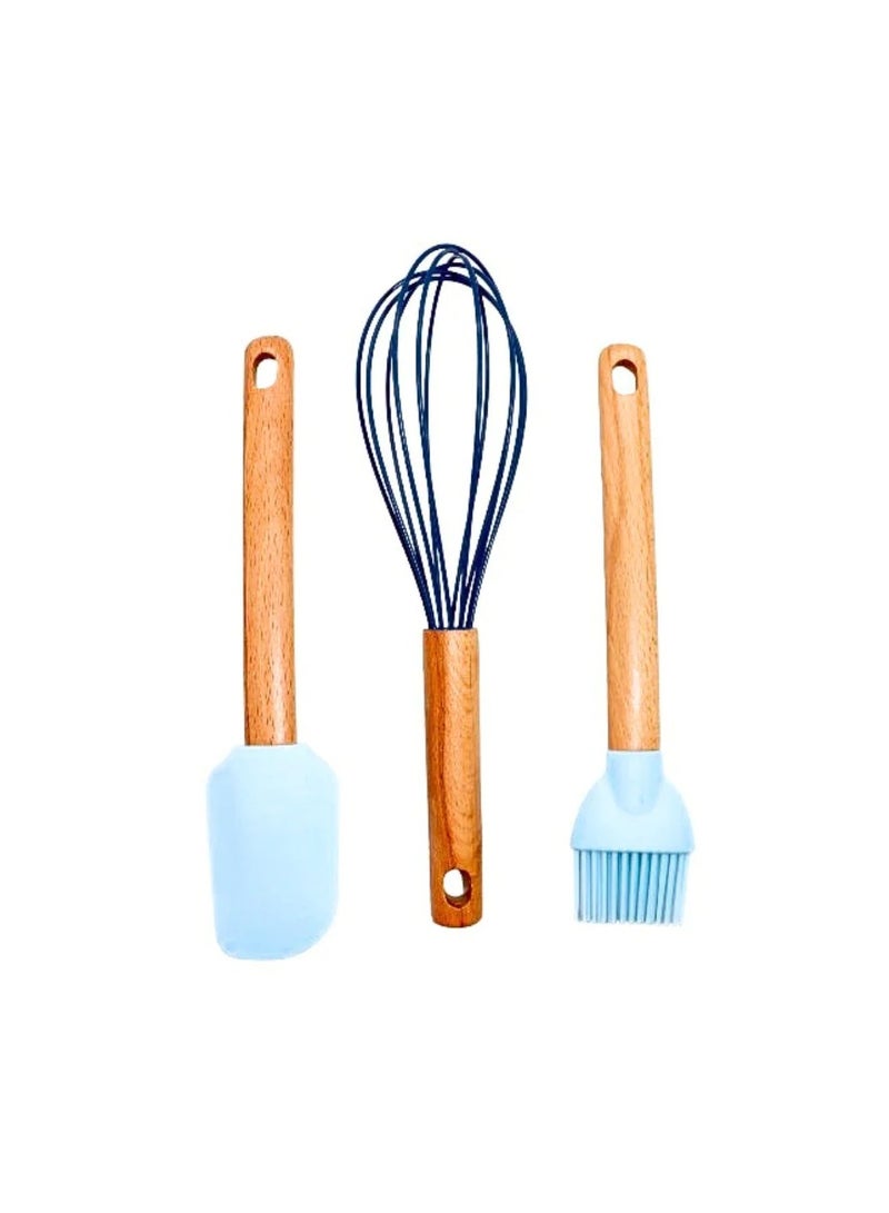 طقم طبخ سيليكون مكون من 3 قطع (ملعقة/مضرب بيض/فرشاة) بمقبض خشبي 26 سم (أزرق) - Image 2