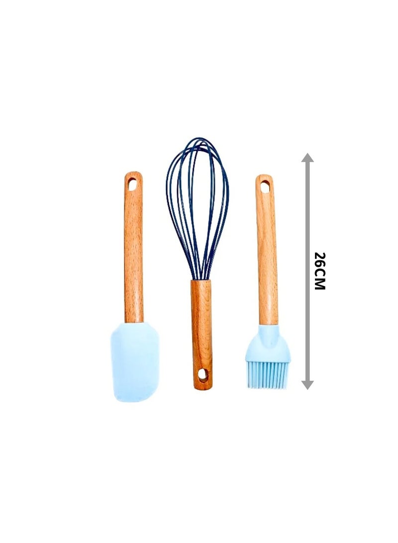 طقم طبخ سيليكون مكون من 3 قطع (ملعقة/مضرب بيض/فرشاة) بمقبض خشبي 26 سم (أزرق) - Image 3