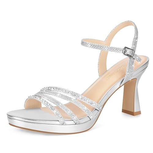 PIZZ ANNU Lena Women's Platform Heels High Block Chunky Sparkly Rhinestone Glitter Open Toe Ankle Strap Fashion Dress Pump Sandals Shoes, Silver 9 - Image 1