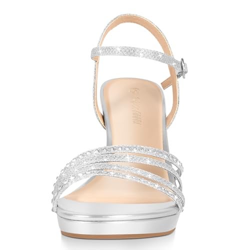 PIZZ ANNU Lena Women's Platform Heels High Block Chunky Sparkly Rhinestone Glitter Open Toe Ankle Strap Fashion Dress Pump Sandals Shoes, Silver 9 - Image 2