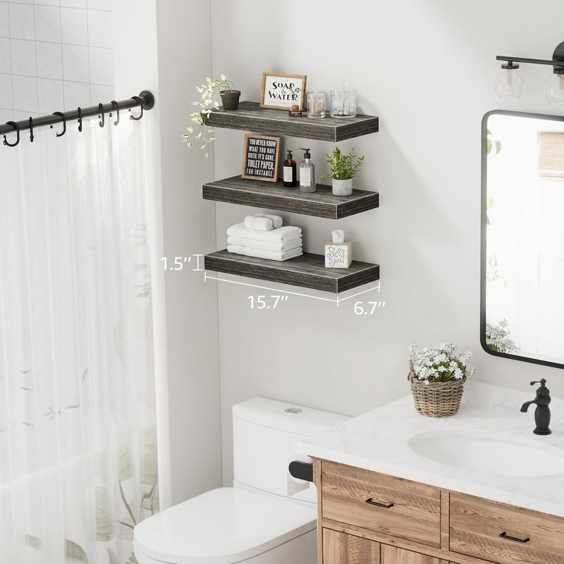 QEEIG Floating Shelves for Wall Bathroom Shelf Bedroom Kitchen Living Room Hanging Book Shelves Small Farmhouse Decor 16 inch Set of 3, Grey (015-GY3) - Image 3