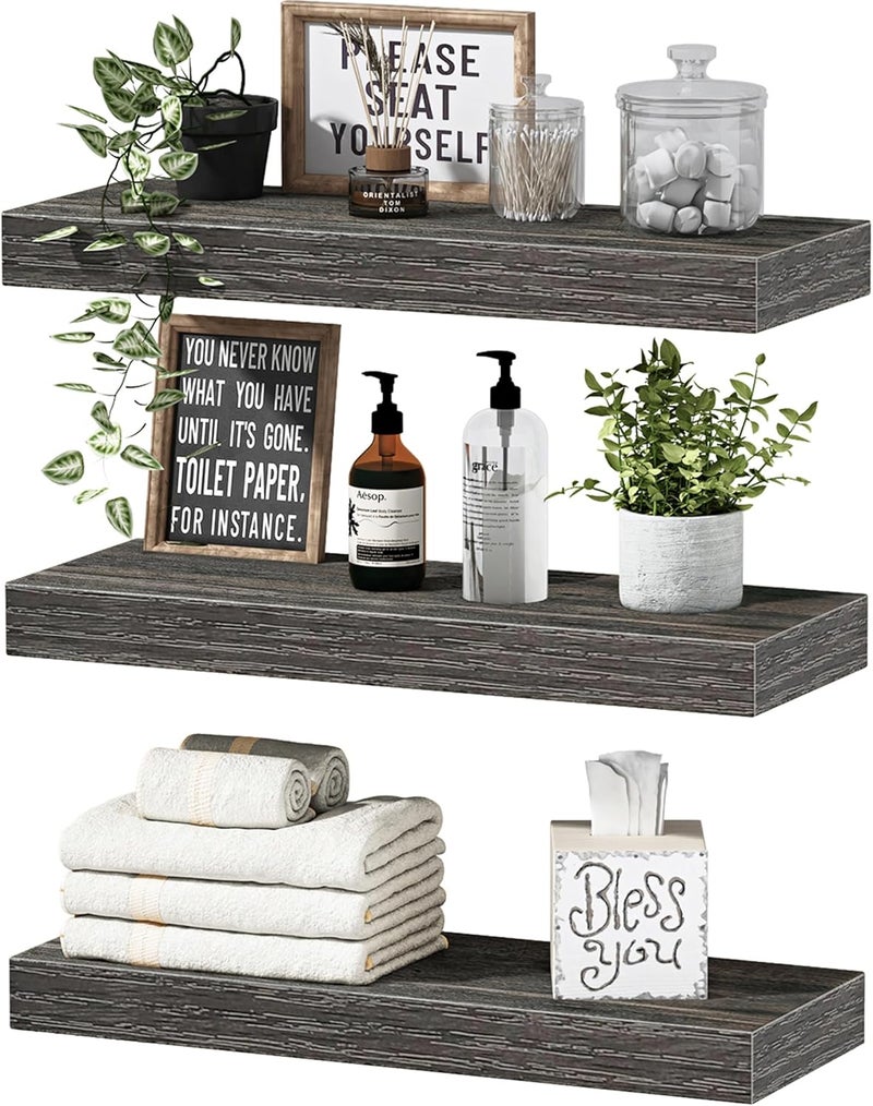 QEEIG Floating Shelves for Wall Bathroom Shelf Bedroom Kitchen Living Room Hanging Book Shelves Small Farmhouse Decor 16 inch Set of 3, Grey (015-GY3) - Image 1