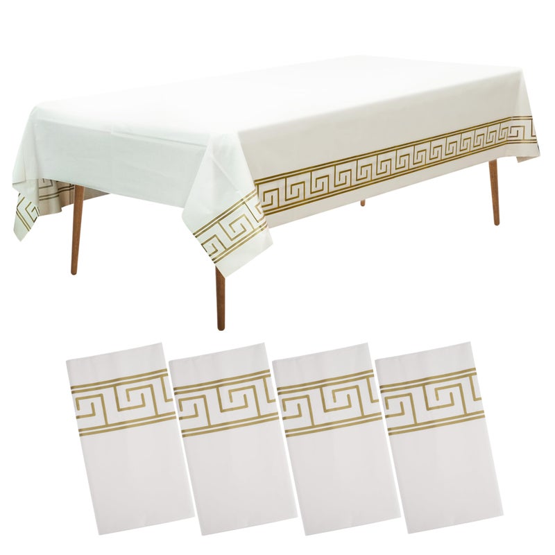 Amatra 4Pack Disposable Table Cloth 54 x 108  Luxurious White Tablecloths for Rectangle Tables  140g Thick Plastic Covers With Gold Art Margin for Indoor  Outdoor Events