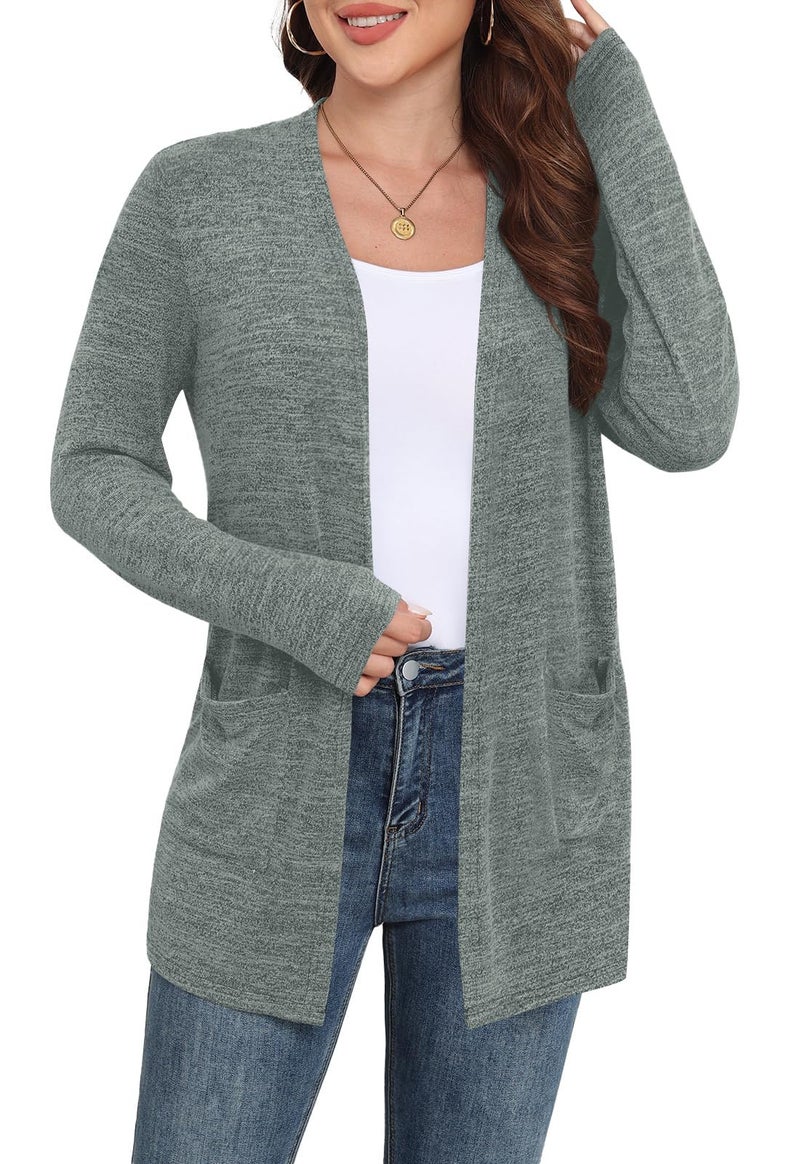 Yincro Womens Lightweight Cardigan Long Sleeve Open Front Casual Sweater Cardigans with Pockets (Gray Green, M) - Image 3
