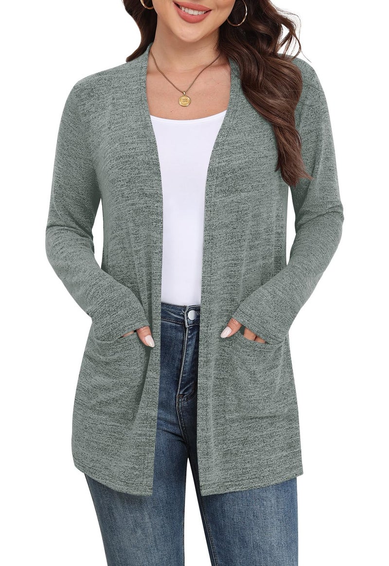 Yincro Womens Lightweight Cardigan Long Sleeve Open Front Casual Sweater Cardigans with Pockets (Gray Green, M) - Image 1