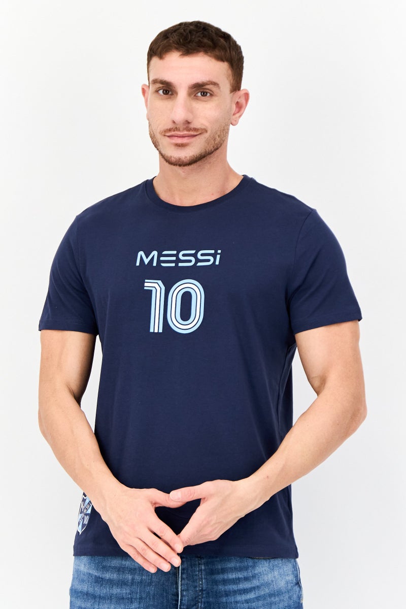 MESSI Men Round Neck Short Sleeve Graphic Print T-Shirt, Navy - Image 1
