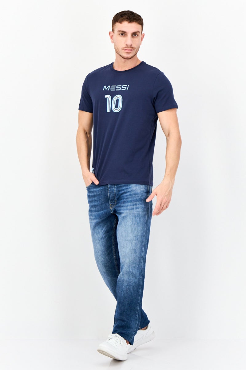 MESSI Men Round Neck Short Sleeve Graphic Print T-Shirt, Navy - Image 4