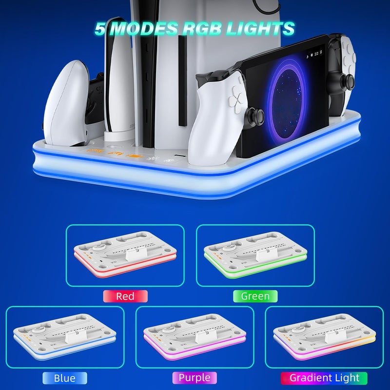حامل ومحطة تبريد لجهاز PS5/PS5 Slim من شركة Sehwai مع إضاءة RGB ومروحة تبريد ثلاثية المستويات، ورصيف شحن لوحدة تحكم PS5 Edge وجهاز PS Portal، ومحامل للتحكم عن بعد والسماعات الرأسية، وإكسسوارات لجهاز PS5/PS5 Slim. - Image 4