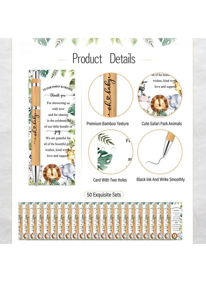 Zhanmai - 50 Sets Safari Baby Shower Favors Includes Bamboo Pens And Baby Shower Thank You Cards Silver Cable Ties Jungle Safari Woodland Baby Shower Decorations Gender Reveal For Guest Prizes - Image 1