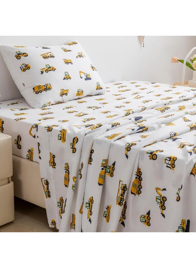 Cokouchyi 3-Piece Twin Size Kids Bed Sheet Set by Soft & Breathable Kids Fitted Sheet, Construction Kids Twin Bed Flat Sheet for Boys Deep Pocket (Twin)  - Image 1