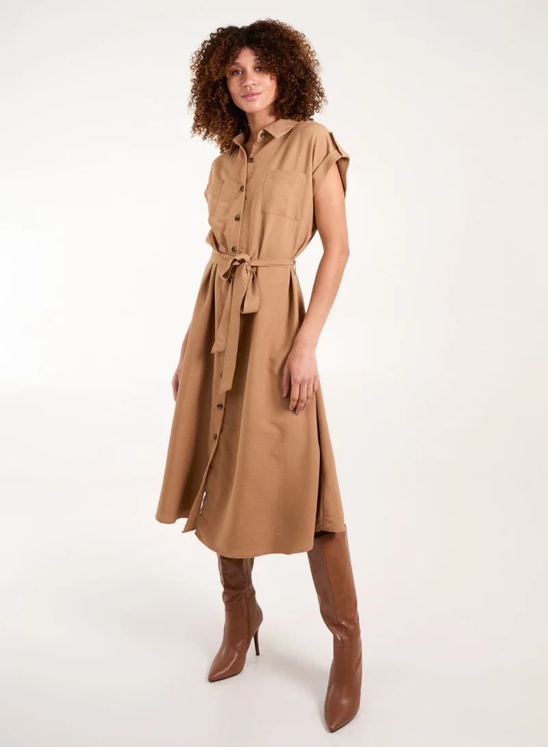 Blue Vanilla Button Front Midi Utility Shirt Dress