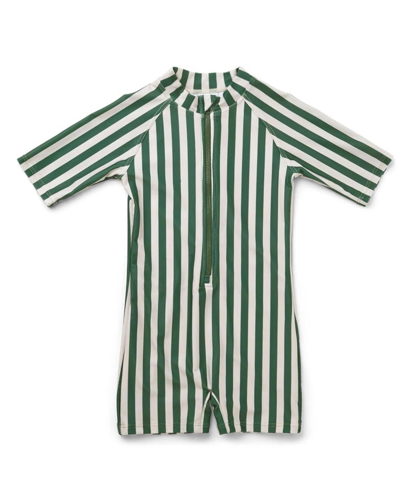 LDIOIF Toddler Boys One Piece Bathing Suit Zipper Short Sleeve Rash Guard Quick Dry Green Stripe Swimsuit 18-24 Month UPF 50+ - Image 1