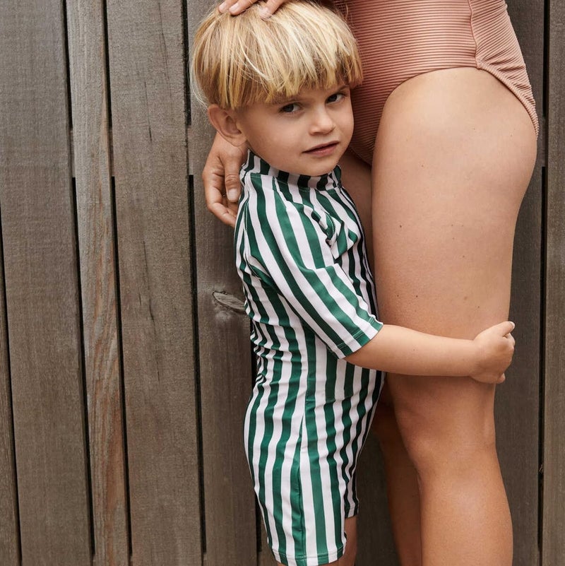 LDIOIF Toddler Boys One Piece Bathing Suit Zipper Short Sleeve Rash Guard Quick Dry Green Stripe Swimsuit 18-24 Month UPF 50+ - Image 2