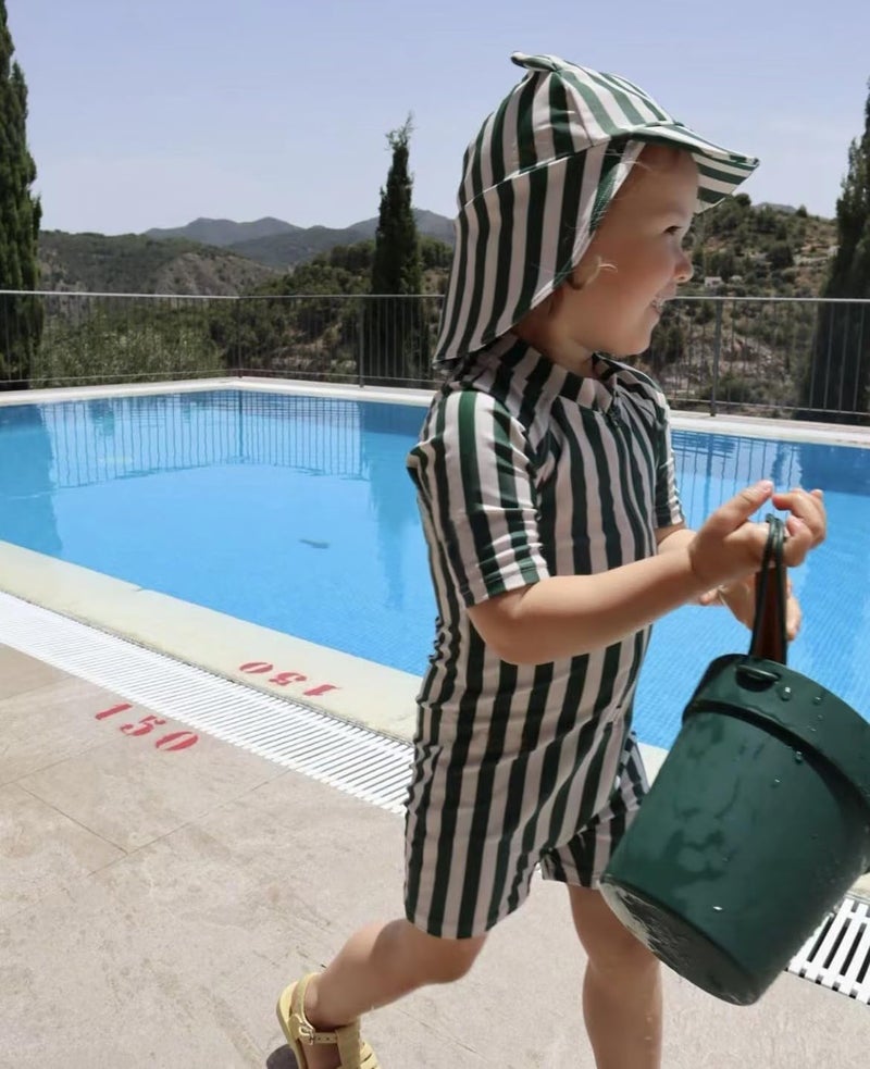 LDIOIF Toddler Boys One Piece Bathing Suit Zipper Short Sleeve Rash Guard Quick Dry Green Stripe Swimsuit 18-24 Month UPF 50+ - Image 3