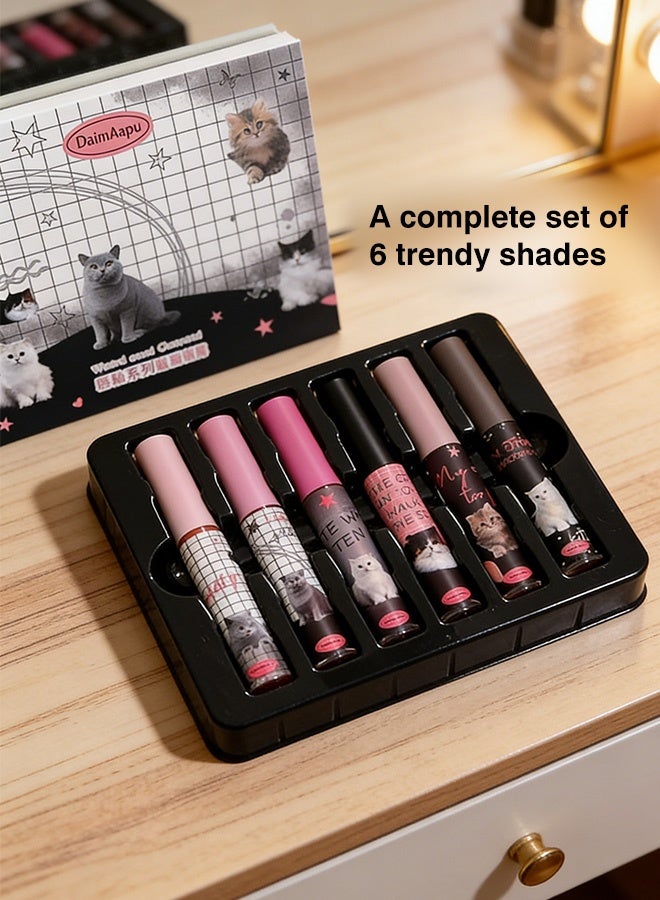 DAIMANPU 6pcs Kawaii Cat Matte Lip Gloss Gift Set, Nude Pink Rose Smoky Shades Long Lasting Moisturizing Waterproof Non-Stick Cup Lip Stain Kit for Women Daily Makeup Travel - Image 3