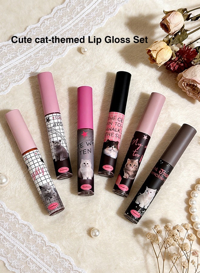 DAIMANPU 6pcs Kawaii Cat Matte Lip Gloss Gift Set, Nude Pink Rose Smoky Shades Long Lasting Moisturizing Waterproof Non-Stick Cup Lip Stain Kit for Women Daily Makeup Travel - Image 2