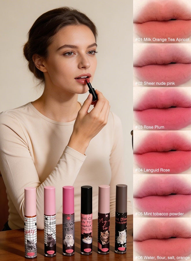 DAIMANPU 6pcs Kawaii Cat Matte Lip Gloss Gift Set, Nude Pink Rose Smoky Shades Long Lasting Moisturizing Waterproof Non-Stick Cup Lip Stain Kit for Women Daily Makeup Travel - Image 4