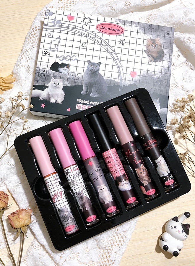 DAIMANPU 6pcs Kawaii Cat Matte Lip Gloss Gift Set, Nude Pink Rose Smoky Shades Long Lasting Moisturizing Waterproof Non-Stick Cup Lip Stain Kit for Women Daily Makeup Travel - Image 1