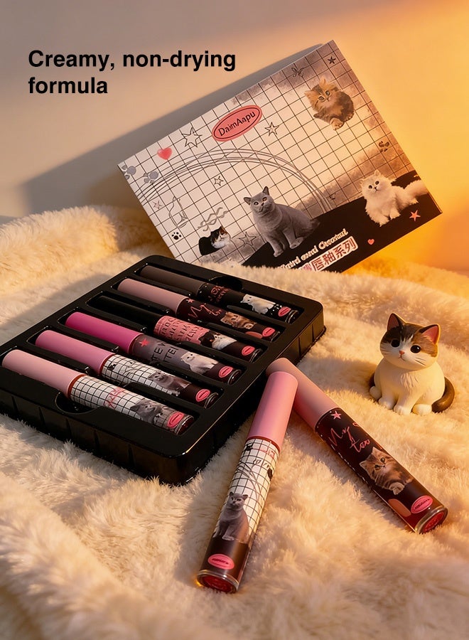 DAIMANPU 6pcs Kawaii Cat Matte Lip Gloss Gift Set, Nude Pink Rose Smoky Shades Long Lasting Moisturizing Waterproof Non-Stick Cup Lip Stain Kit for Women Daily Makeup Travel - Image 5