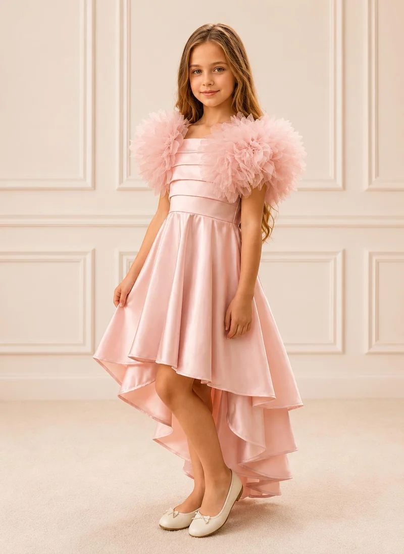 Via Bambino Blush Ruffle-Sleeve Pleated Satin Gown 5682