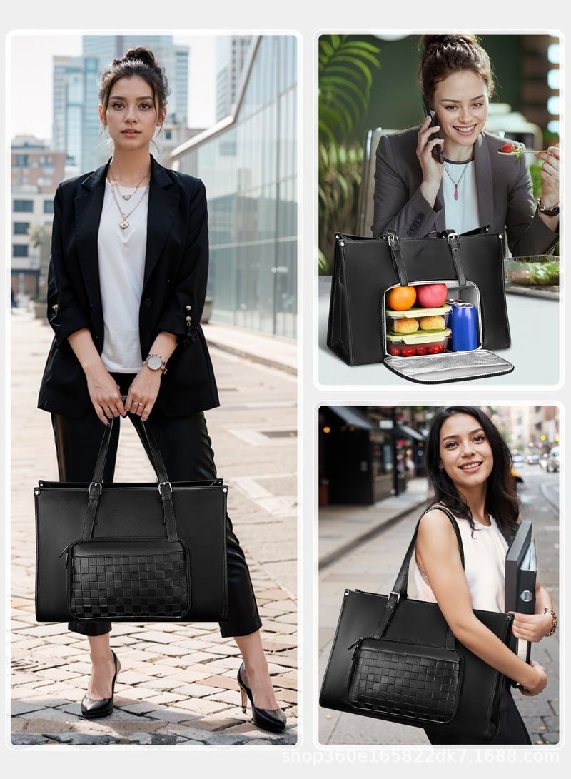 general New Laptop Tote with Insulated Lunch Composite 15.6 Inch PU Leather Briefcase (Black) - Image 4