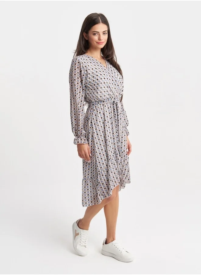 ZABAIONE Women's Navy Blue Geometric Print Wrap Dress
