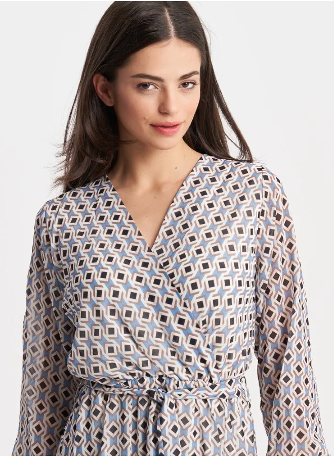 ZABAIONE Women's Navy Blue Geometric Print Wrap Dress