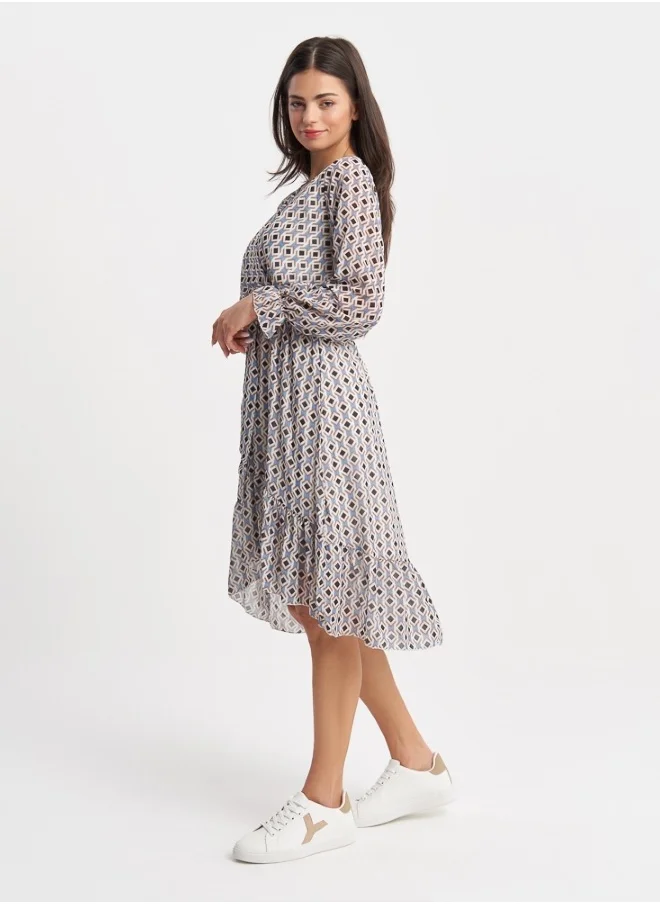 ZABAIONE Women's Navy Blue Geometric Print Wrap Dress