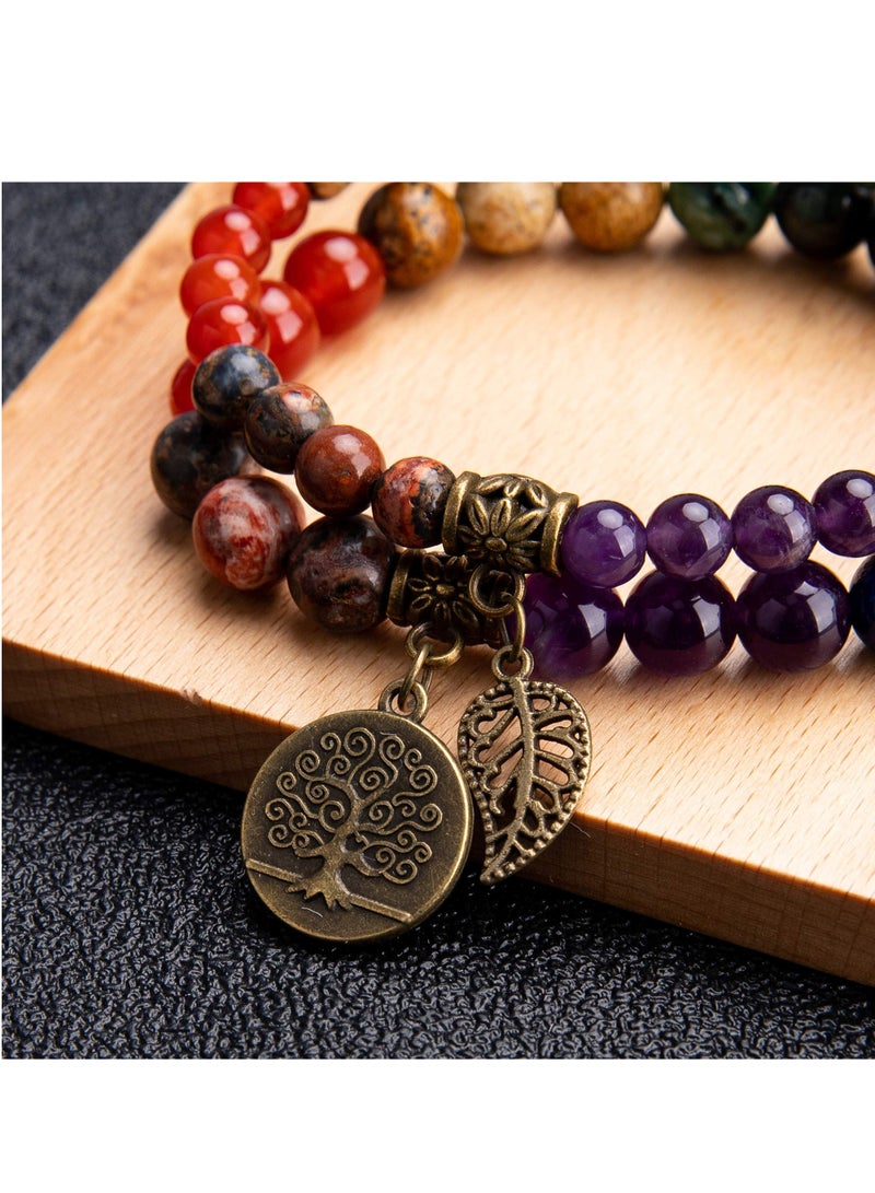 Gemstone Beaded Bracelets for Men Women 6mm and 8mm Round Beads Bracelets Set Tree of Life and Leaf Charm Crystal Stretch Bracelets Unisex Natural Crystal Stretch Bracelets Set - Image 3