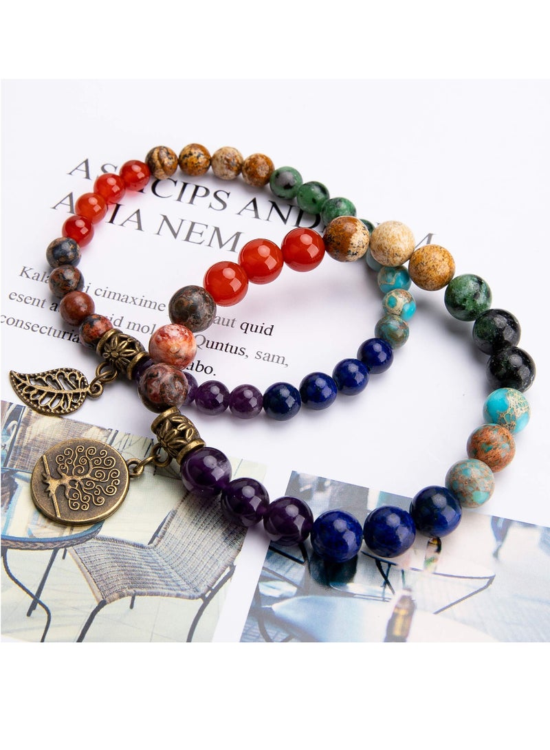 Gemstone Beaded Bracelets for Men Women 6mm and 8mm Round Beads Bracelets Set Tree of Life and Leaf Charm Crystal Stretch Bracelets Unisex Natural Crystal Stretch Bracelets Set - Image 2