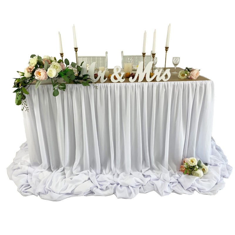 Pooling and Floating Chiffon Table Skirt with extra length 6FT 9FT 14FT Sheer Tablecloth Baby Shower Birthdays Party Main Cake Table Decoration Wdding Table Skirt White 14FT