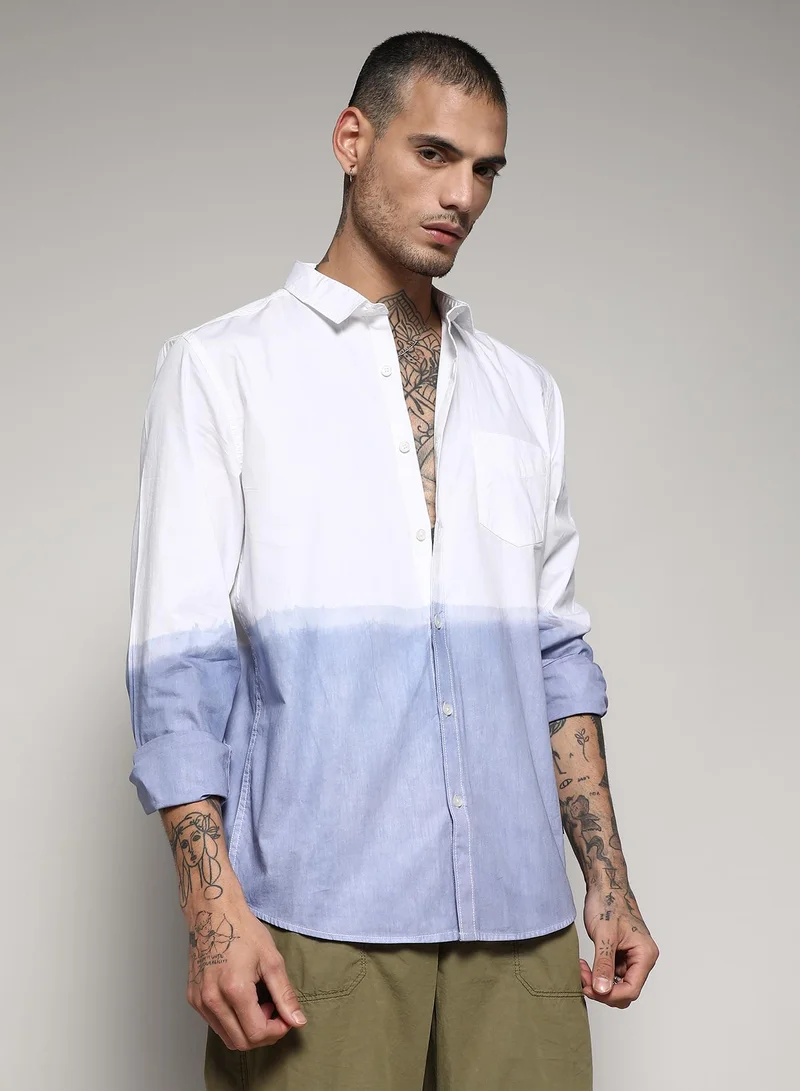 كامبوس سوترا Men's White & Blue Contrast Ombre Shirt For Casual Wear | Spread Collar | Long Sleeve | Button Closure | Cotton Shirt Crafted With Comfort Fit For Everyday Wear