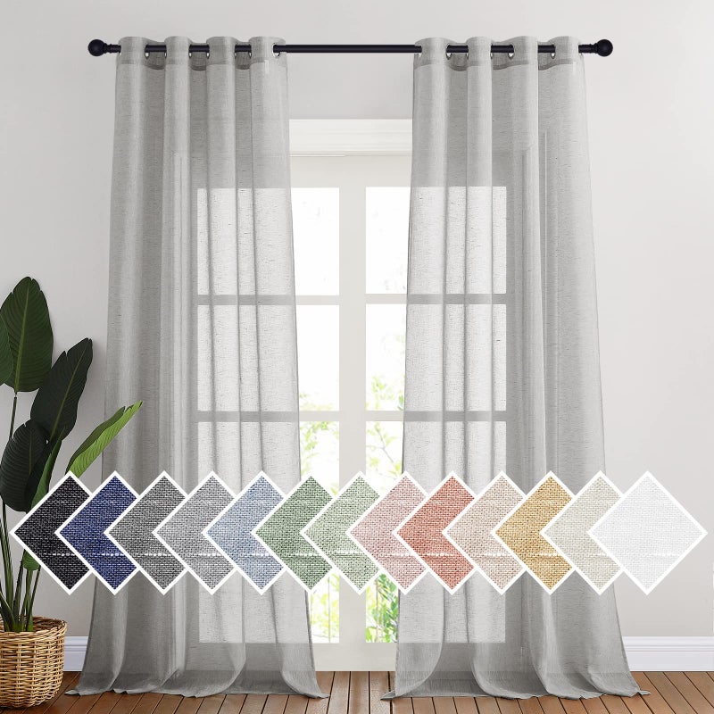 NICETOWN Grommet Sheer Curtains Natural Linen Blend Texture Privacy with Enough Light Through Semitransparent Sheer Drapes for Children Room and Bedroom 52W x 96L Grey 2 Pieces