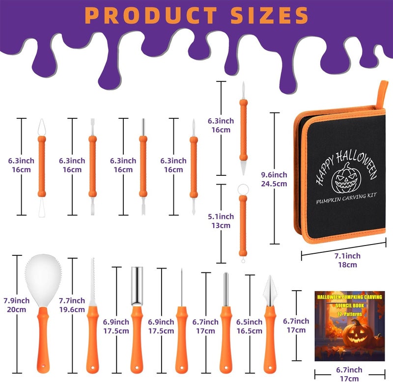Kendane 12PCS Halloween Pumpkin Carving Kit with 12 Stencils,Professional Stainless Steel Pumpkin Carving Tools with Storage Hand Bag,Pumpkin Carving Set for Halloween Decorations,Both Adluts & Kids - Image 2
