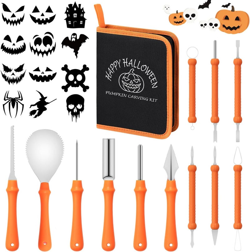 Kendane 12PCS Halloween Pumpkin Carving Kit with 12 Stencils,Professional Stainless Steel Pumpkin Carving Tools with Storage Hand Bag,Pumpkin Carving Set for Halloween Decorations,Both Adluts & Kids - Image 1