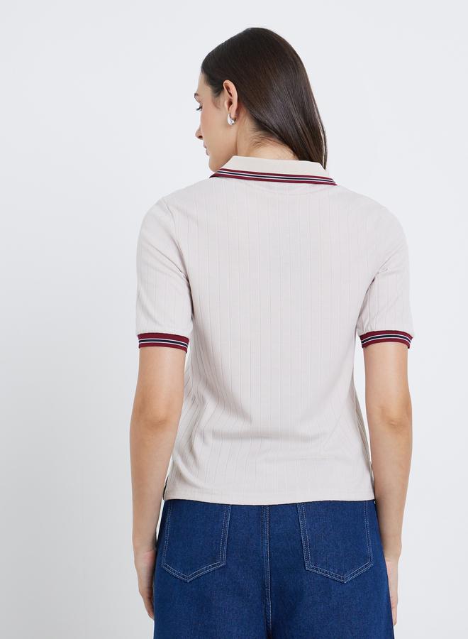 Styli Women Beige Contrast Tipping Polo T-Shirt - Image 5
